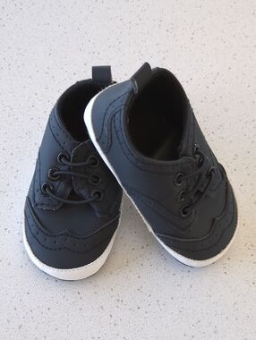 Baby Black Lace-Up Walker Shoes with White Sole